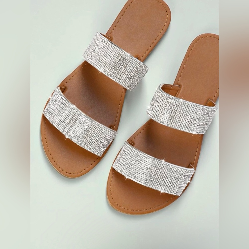 Open Toe Twin Crystal Band Slide Sandals